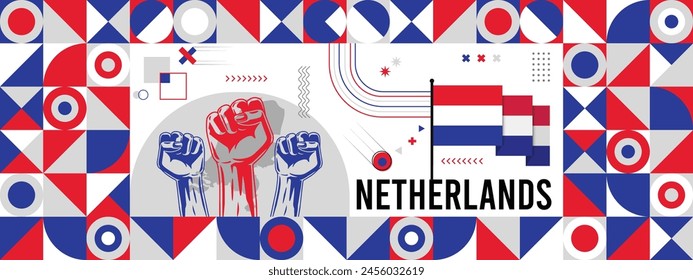 Flag and map of Netherlands with raised fists. National day or Independence day design for Counrty celebration. Modern retro design with abstract icons. Vector illustration.