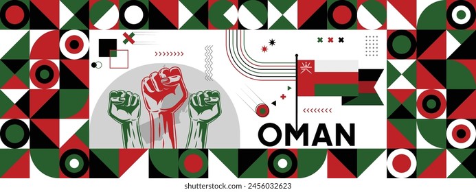 Flag and map of Oman with raised fists. National day or Independence day design for Counrty celebration. Modern retro design with abstract icons. Vector illustration.