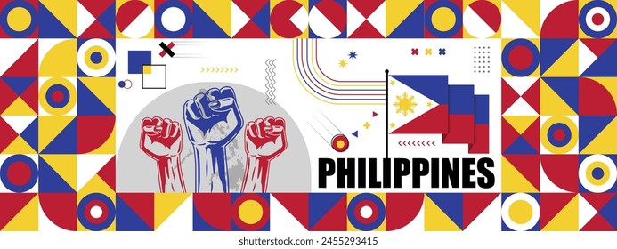 Flag and map of Philippines with raised fists. National day or Independence day design for Counrty celebration. Modern retro design with abstract icons. Vector illustration.