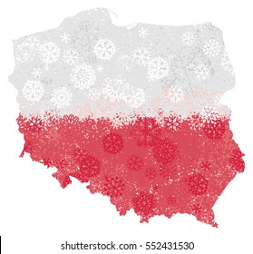 Flag and map of Poland with snowflakes. Clipping path included in  file