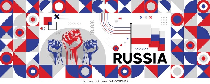 Bandera y mapa de Rusia con los puños en alto. Diseño del Día Nacional o Día de la Independencia para la celebración del país. Diseño retro moderno con iconos abstractos. Ilustración vectorial.