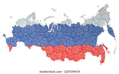 Flag and map of Russian Federation with flowers. Conceptual vector image, isolated on white