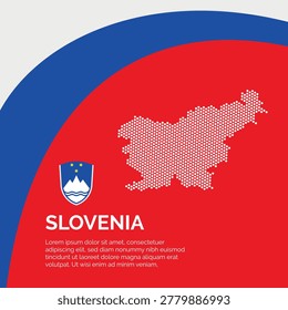 Flag and Map of Slovenia. Dotted map of the country and a rainbow-shaped flag design. The design artistically incorporates elements of the national flag, featuring a vibrant curved section with space for text.