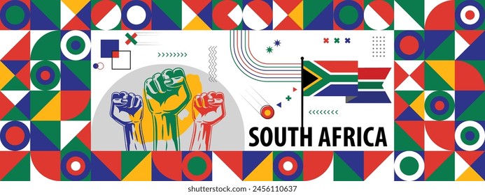 Flag and map of South Africa with raised fists. National day or Independence day design for Counrty celebration. Modern retro design with abstract icons. Vector illustration.