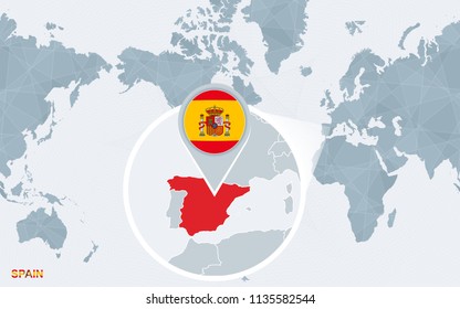 Flag and map of Spain, America Centered World Map. Vector illustration