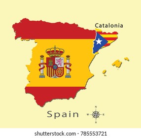 Flag in map of Spain and Catalonia on yellow background vector illustration.