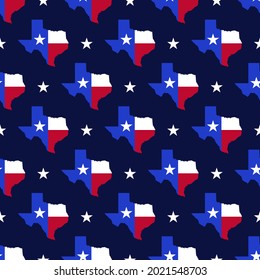 The flag and map of the state of Texas in the red,, white and blue colors on dark navy background. Seamless repeat vector pattern with Texas flag and the Lone Star symbol.