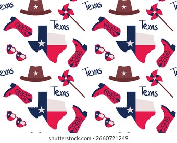 Flag, map of the state of Texas, sunglasses in red, white and blue colors on a white background