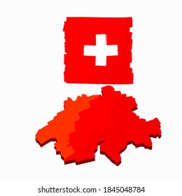 Bandera y mapa de Suiza. Textura de pincel de trazo. Símbolo rojo y blanco del estado. País alpino europeo