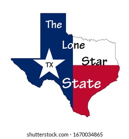 Flag map of Texas state, with "The Lone Star State" text inside the shape