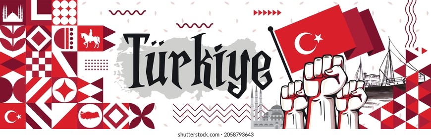 Flag and map of Turkey or Türkiye with raised fists. National Republic day or Independence day design for Turkish celebration. Modern retro red abstract icons. Vector illustration of Ataturk ship.