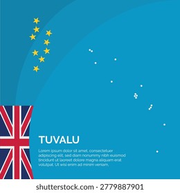 Flag and Map of Tuvalu. Dotted map of the country and a rainbow-shaped flag design. The design artistically incorporates elements of the national flag, featuring a vibrant curved section with space for text.