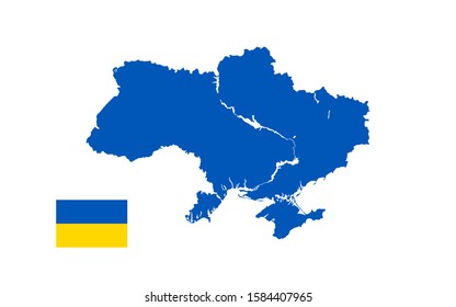 Flag and map of Ukraine with ponds. Blue silhouette on a white background.