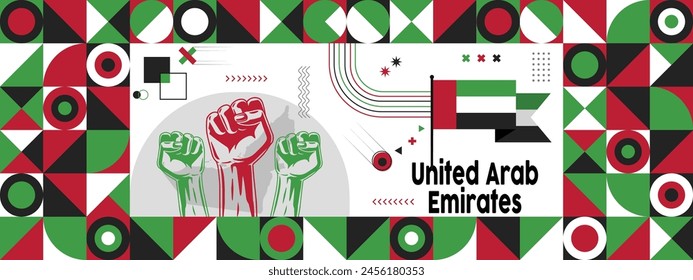 Flag and map of United Arab Emirates with raised fists. National day or Independence day design for Counrty celebration. Modern retro design with abstract icons. 