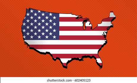Flag map of United States of America. Pop art style.