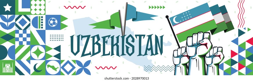 Flag and map of Uzbekistan with raised fists. National day or Independence day design for Uzbek celebration. Modern retro design with abstract icons. Vector illustration.