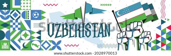 Flag and map of\
Uzbekistan with raised fists. National day or Independence day\
design for Uzbek celebration. Modern retro design with abstract\
icons. Vector\
illustration.