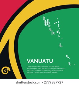 Flag and Map of Vanuatu. Dotted map of the country and a rainbow-shaped flag design. The design artistically incorporates elements of the national flag, featuring a vibrant curved section with space for text.