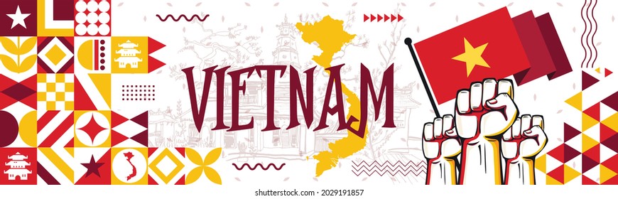 Flag and map of Vietnam with raised fists. National day or Independence day design for Vietnamese celebration. Modern retro design with abstract icons. Vector illustration.
