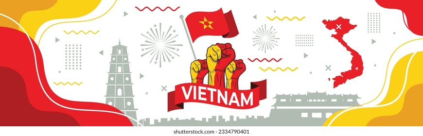 Flag and map of Vietnam with raised fists. National day or Independence day design for Vietnamese celebration