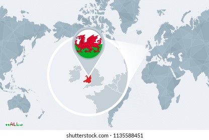 Flag and map of Wales, America Centered World Map. Vector illustration