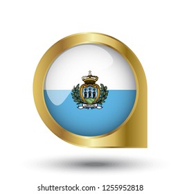 Flag of Marino, location map pin, pointer flag, button with the reflection of light and shadow, gold frame, Icon country. Realistic vector illustration on white background.