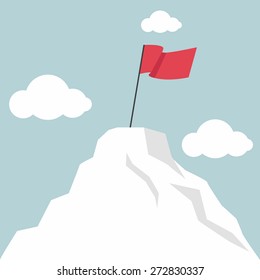 Flag marks the top of the mountain landscape vector illustration