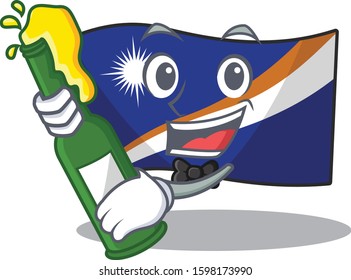 Flag marshall island Scroll with bottle of beer mascot cartoon style