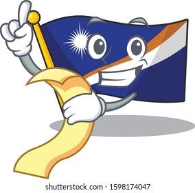 Flag marshall island Scroll cartoon character holding menu ready to serve