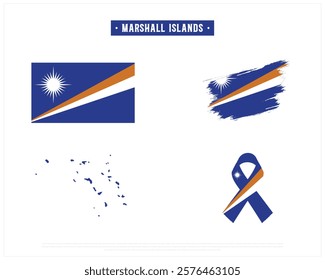 Flag of MARSHALL ISLANDS, Brush style flag of MARSHALL ISLANDS, Ribbon flag of MARSHALL ISLANDS, and Map of MARSHALL ISLANDS with flag in it on a white background, Independence Day