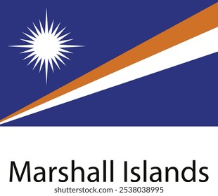 Die Flagge der Marshallinseln zeigt ein blaues Feld mit einem weißen Diagonalband und einem orangefarbenen Diagonalband darüber, mit einem weißen Stern mit vier Spitzen in der oberen Ecke der Hebebühne.