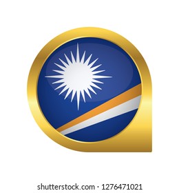 Flag of Marshall Islands, location map pin, pointer flag, button with the reflection of light and shadow, gold frame, Icon country. Realistic vector illustration on white background.