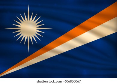 flag of Marshall Islands on wavy silk background with bokeh lights. Realistic vector illustration.