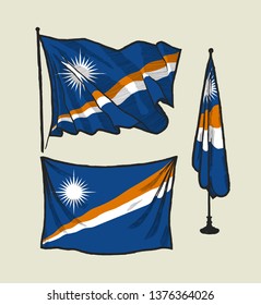 Flag of Marshall islands on the wind and on the wall - hand drawn vector illustration set
