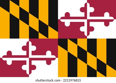 Flag Of Maryland, Symbol Of USA Federal State. Full Frame Federal Flag Of Maryland With Calvert Family Coat Of Arms, Colonial Proprietors Of Maryland Realistic Vector Illustration