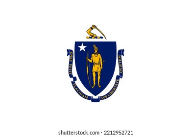 Flag Of Massachusetts, Symbol Of USA Federal State. Full Frame Federal Flag Of Massachusetts With State Coat Of Arms On White Field Realistic Vector Illustration