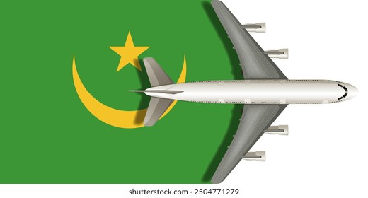 Flag of MAURITANIA with an airplane flying over it close up. Vector image.