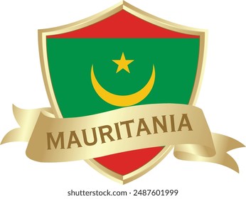 Flag of mauritania as around the metal gold shield with mauritania flag