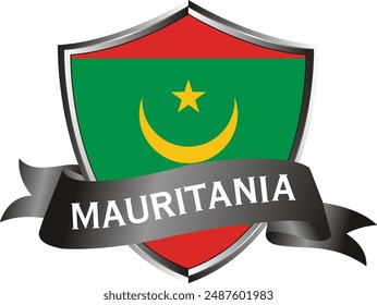 Flag of mauritania as around the metal silver shield with mauritania flag