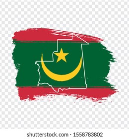 Flag Mauritania from brush strokes and Blank map Islamic Republic of Mauritania. High quality map Mauritania and national flag on transparent background for your web site design, logo. EPS10.