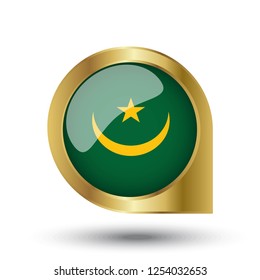 Flag of Mauritania, location map pin, pointer flag, button with the reflection of light and shadow, gold frame, Icon country. Realistic vector illustration on white background.