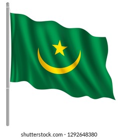 Flag of Mauritania with flag pole waving in wind. Vector illustration