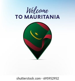 Flag of Mauritania in shape of map pointer or marker. Welcome to Mauritania. Vector illustration.