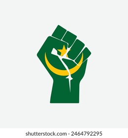 Flag of Mauritania in the shape of raised hand sign isolated on background. Fist symbol modern, simple, vector, icon for website design, mobile app, ui. Vector Illustration