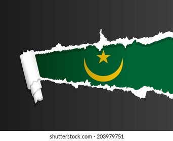 Flag of Mauritania under ripped paper vector illustration.