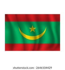Bandeira da Mauritânia ondulada flui ao vento, com dobras 3d