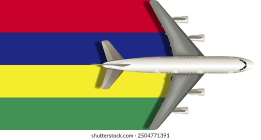 Flag of MAURITIUS with an airplane flying over it close up. Vector image.