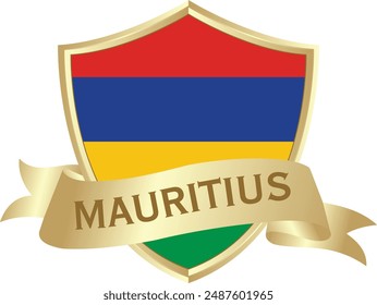 Flag of mauritius as around the metal gold shield with mauritius flag