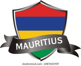 Flag of mauritius as around the metal silver shield with mauritius flag