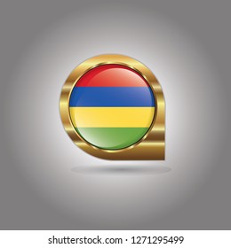 Flag of Mauritius, button with the reflection of light and shadow, gold frame, Icon country. Realistic vector illustration on gray background.